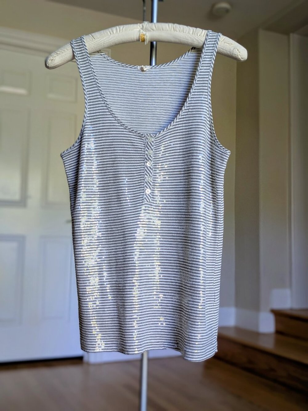 J. Crew Grey/White Striped Sequin Tank Top - size S